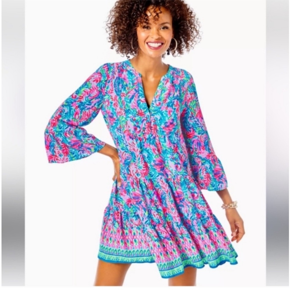 Lilly Pulitzer Gabriel Dress Surf Blue Flim Flam Engineered Print